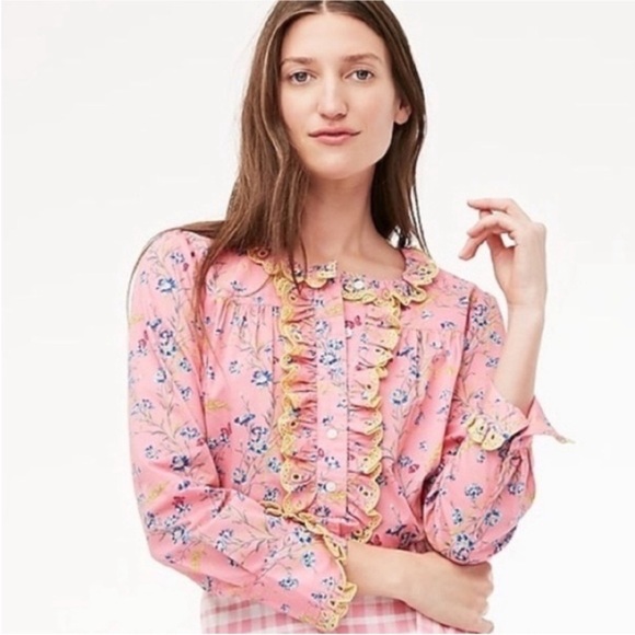 J. Crew X Liberty Pink Poplin Floral Butterfly Ruffle Long Sleeve Blouse Size XS - Picture 2 of 16